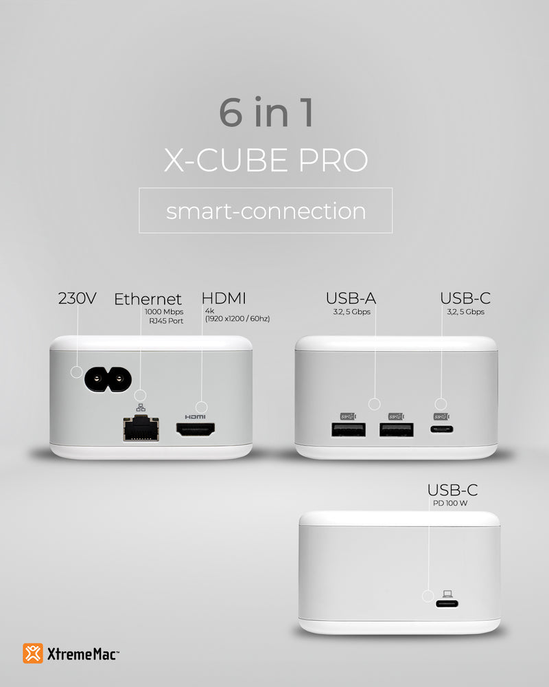 XtremeMac X-CUBE PRO: 6-Port USB-C Hub & 130W Ladegerät | Kompakte Desktop-Lösung