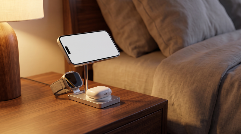 XtremeMac X-Station Pro charging a phone, a watch and an earbuds case, built for the new iPhone 18 Pro, Apple Watch 12 and AirPods 5