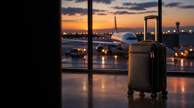 Carry-on suitcase in an airport terminal at dusk