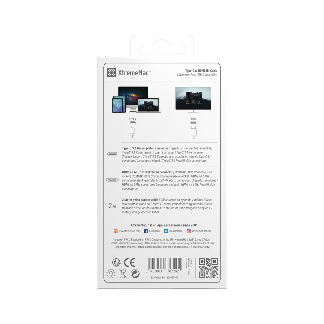 USB-C Naar HDMI-kabel 2 Meter – 4K 30Hz, Thunderbolt 4/3 Compatibel, Voor MacBook, IPad, Galaxy, Surface En Meer